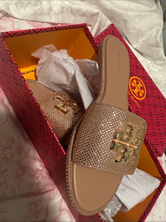 Tory Burch Shoes - Tory Burch Rose Gold Crystal Logo Slide Sandals